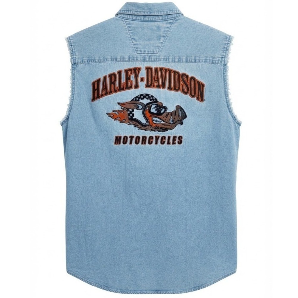 Harley Davidson Mens Denim Vest Large Light Wash Hog Graphic Button Up 2005